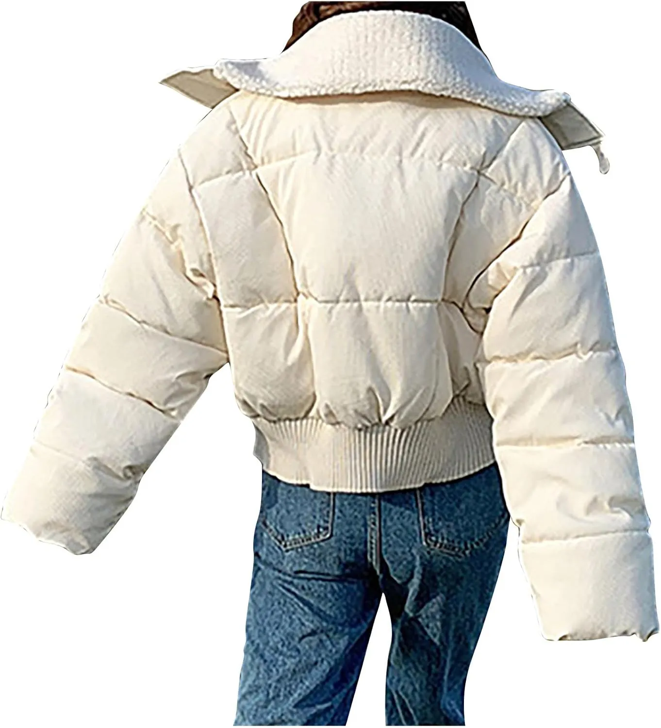 Women's Cropped Down Puffer Jacket Winter Warm Waterproof Quilted Coat with Pockets Elastic Hem Zip-Up Button Outwear