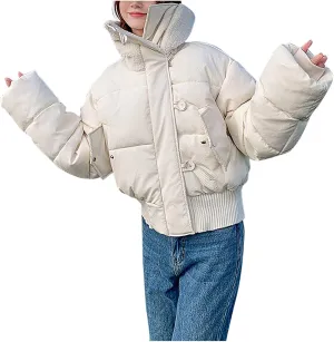 Women's Cropped Down Puffer Jacket Winter Warm Waterproof Quilted Coat with Pockets Elastic Hem Zip-Up Button Outwear