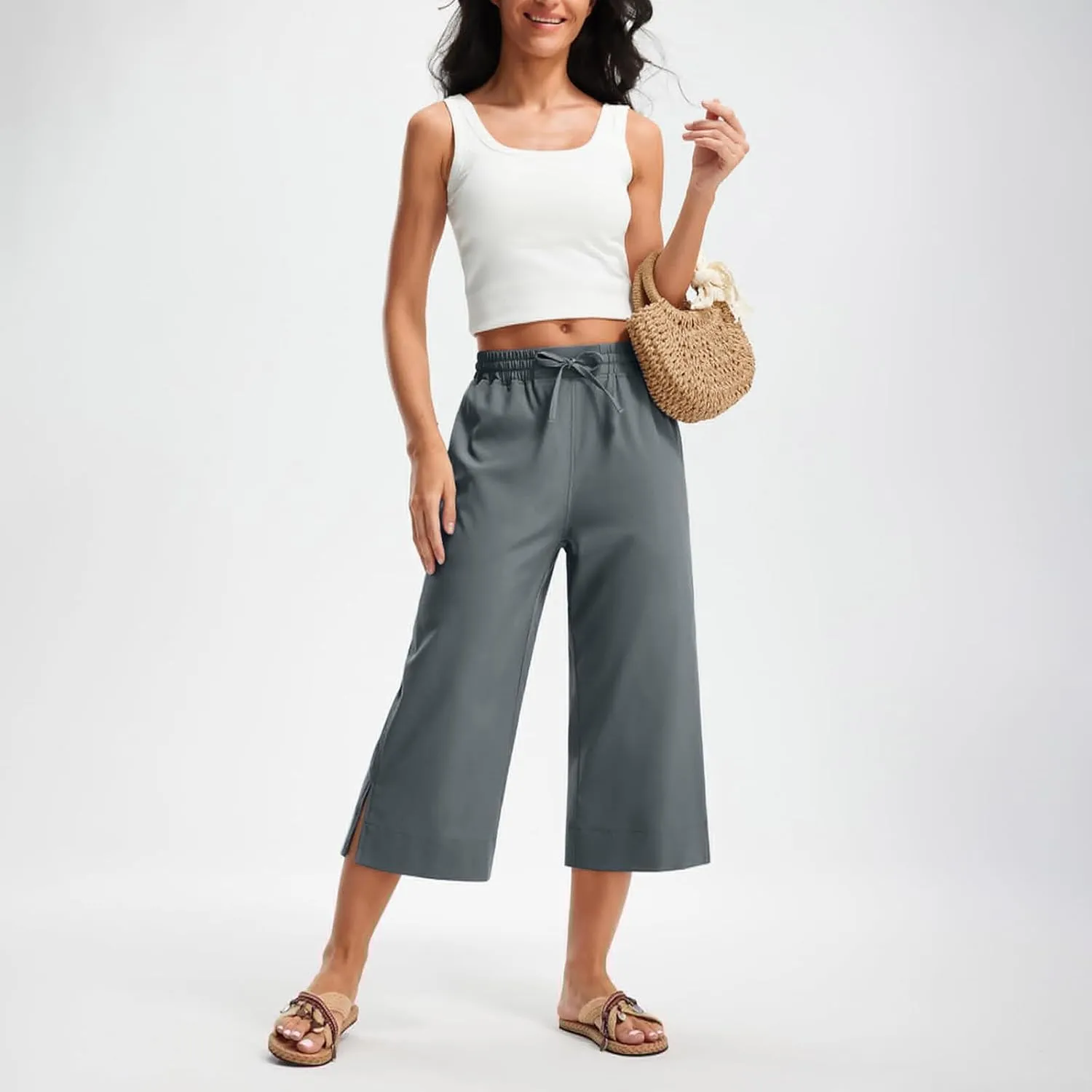Women's Elastic Drawstring Waist Crop Pants 2025 Trendy Capri Sweatpants Loose Fit Comfort Cropped Pant with Pocket