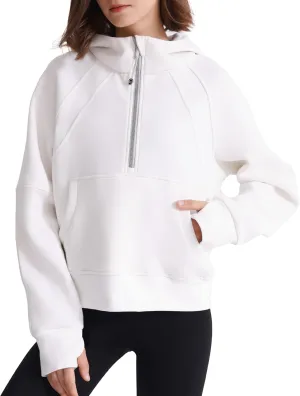 Womens Fleece Lined Half Zip Pullover Cotton Winter Warm Scuba Sweatshirt for Women with Thumbhole Pocket