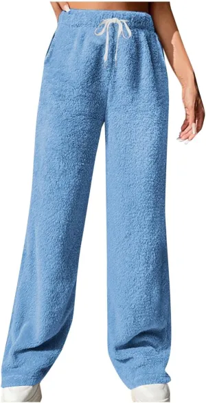 Women's Fleece Lined Wide Leg Pants with Pockets 2024 Loose Baggy Lounge Pants Fall Winter Pants