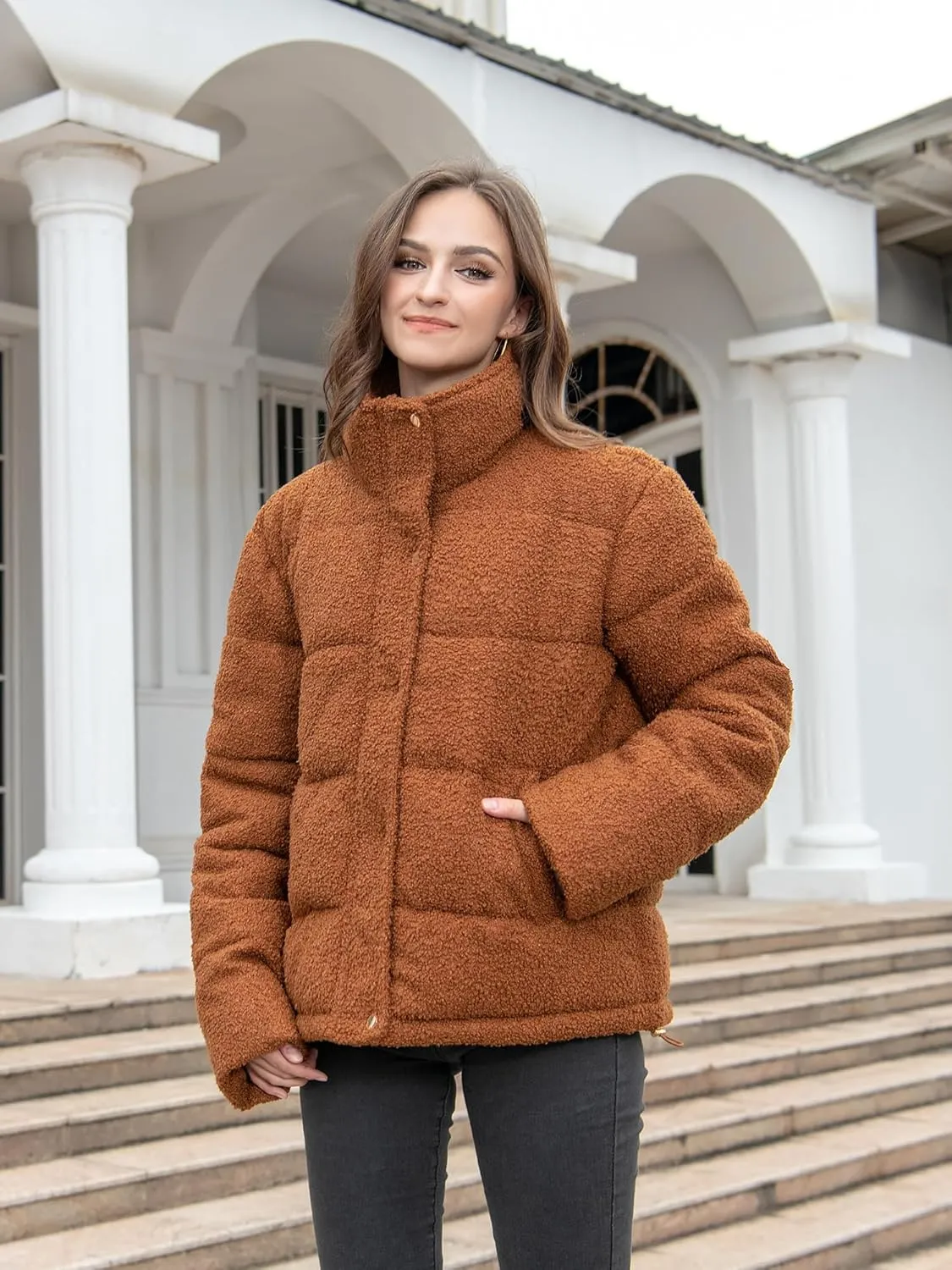 Women's Fleece Puffer Jacket Long Sleeve Casual Winter Warm Zip Up Sherpa Short Coat