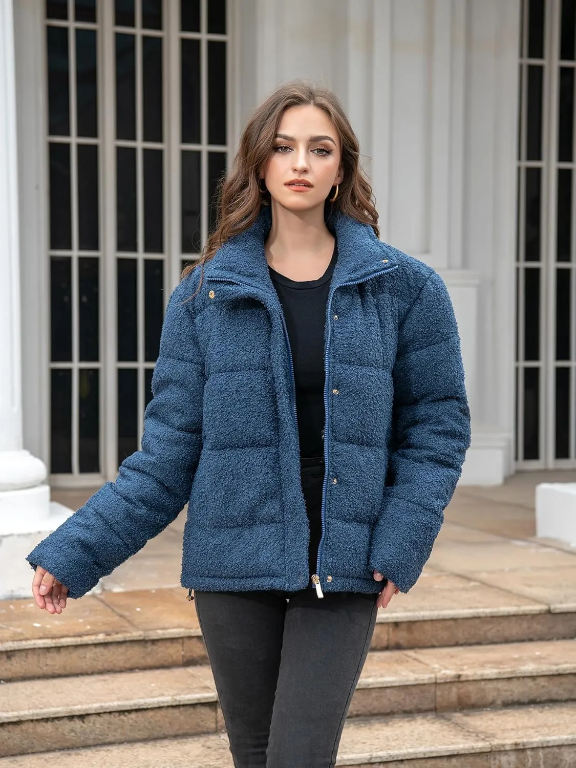 Women's Fleece Puffer Jacket Long Sleeve Casual Winter Warm Zip Up Sherpa Short Coat