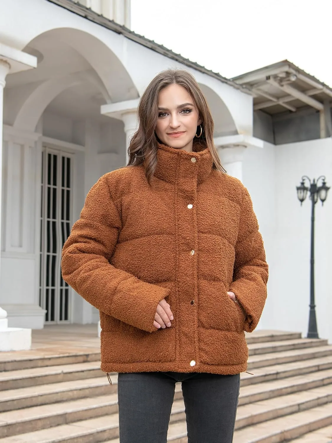 Women's Fleece Puffer Jacket Long Sleeve Casual Winter Warm Zip Up Sherpa Short Coat