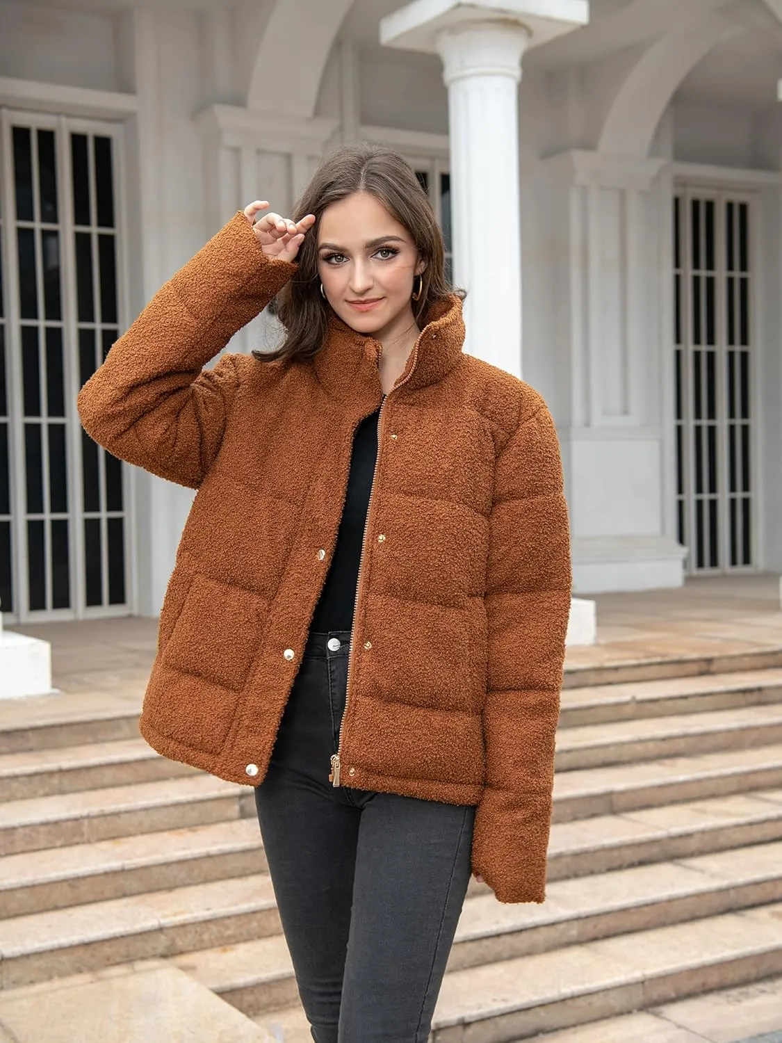 Women's Fleece Puffer Jacket Long Sleeve Casual Winter Warm Zip Up Sherpa Short Coat