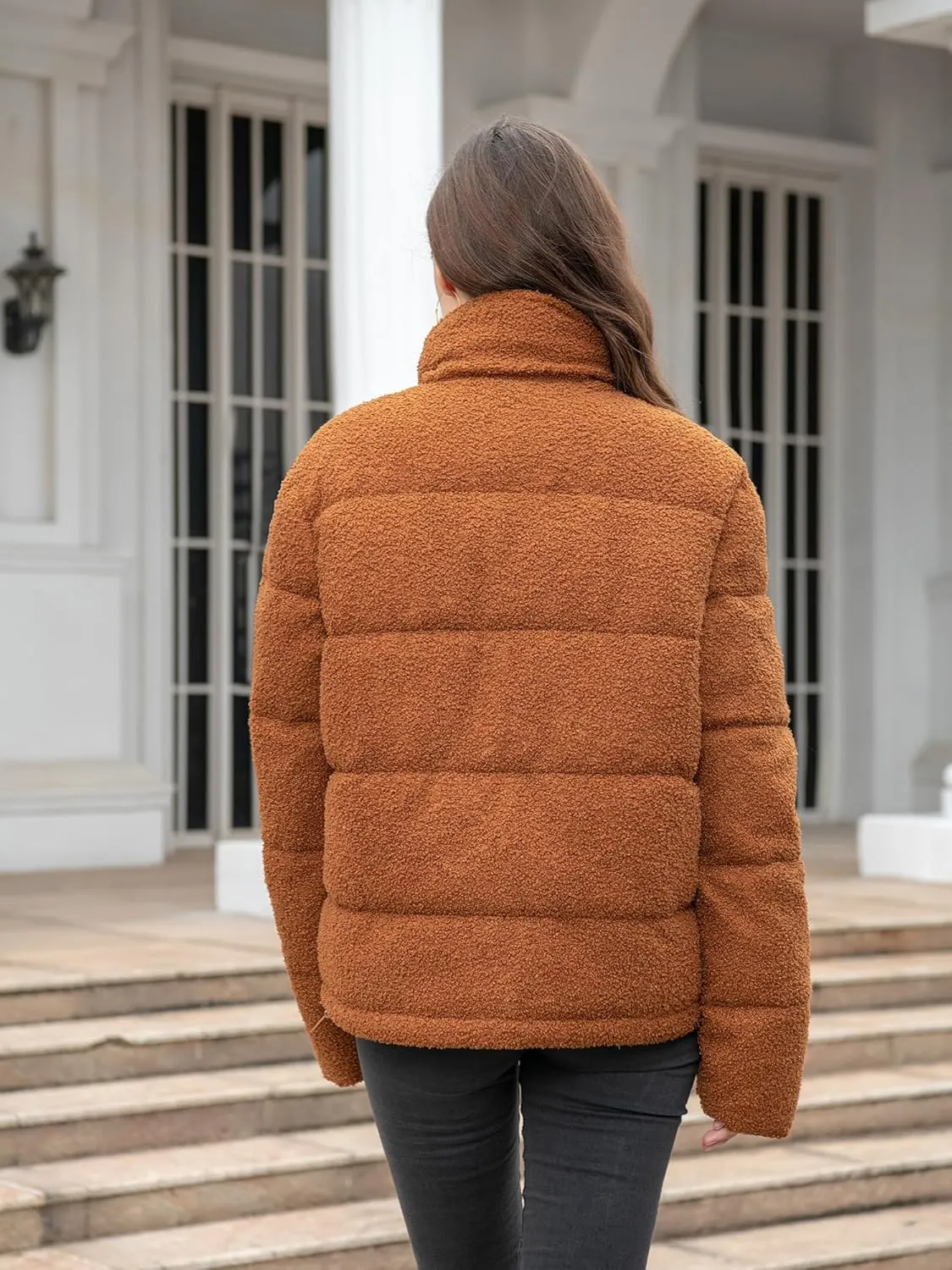 Women's Fleece Puffer Jacket Long Sleeve Casual Winter Warm Zip Up Sherpa Short Coat