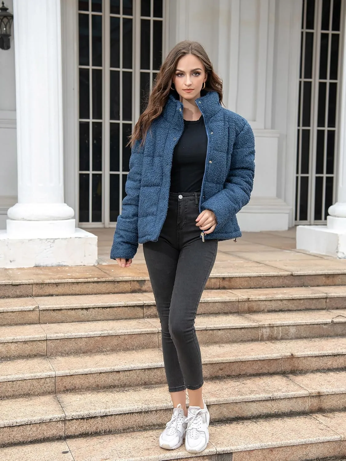 Women's Fleece Puffer Jacket Long Sleeve Casual Winter Warm Zip Up Sherpa Short Coat
