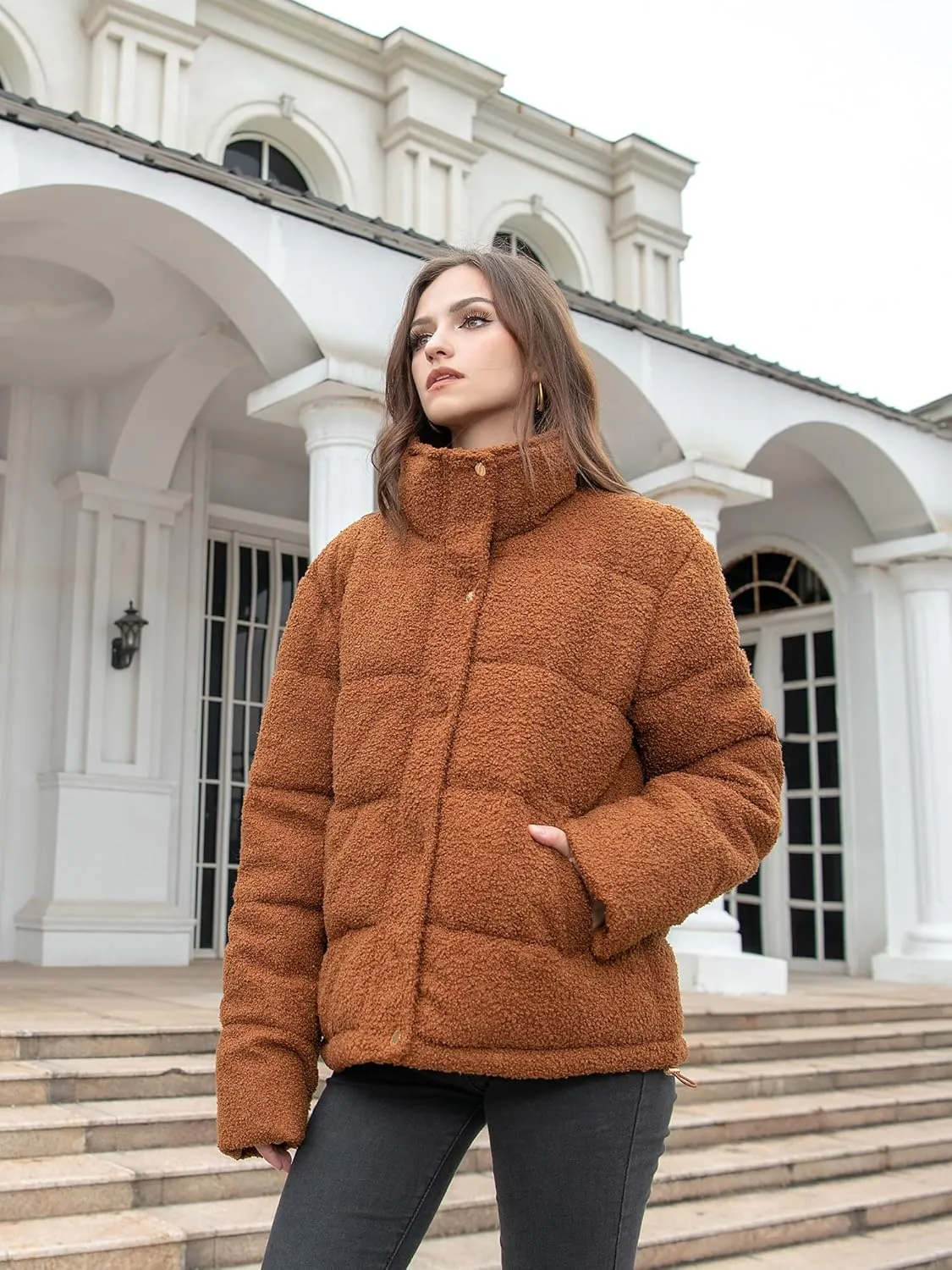 Women's Fleece Puffer Jacket Long Sleeve Casual Winter Warm Zip Up Sherpa Short Coat