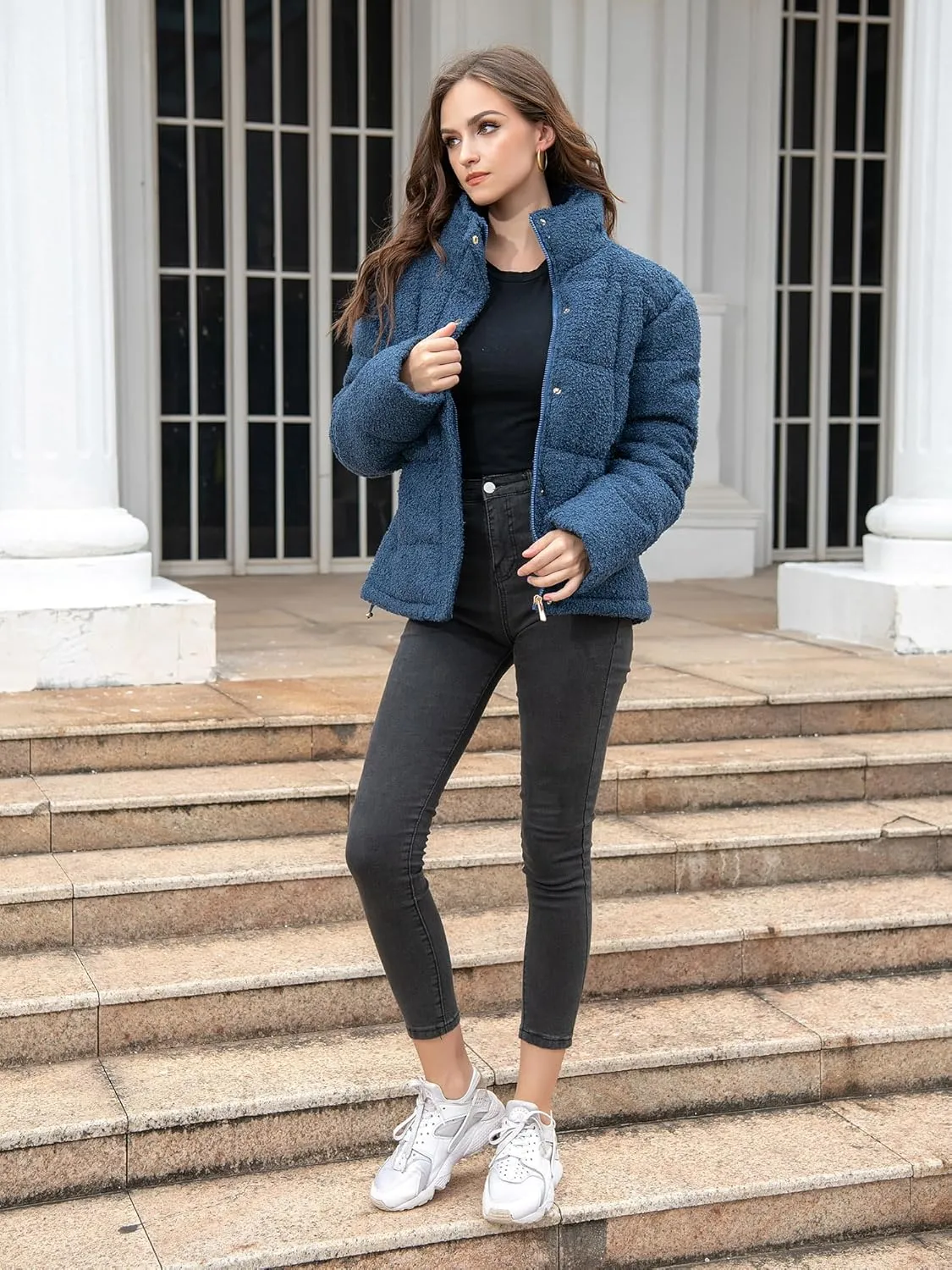 Women's Fleece Puffer Jacket Long Sleeve Casual Winter Warm Zip Up Sherpa Short Coat