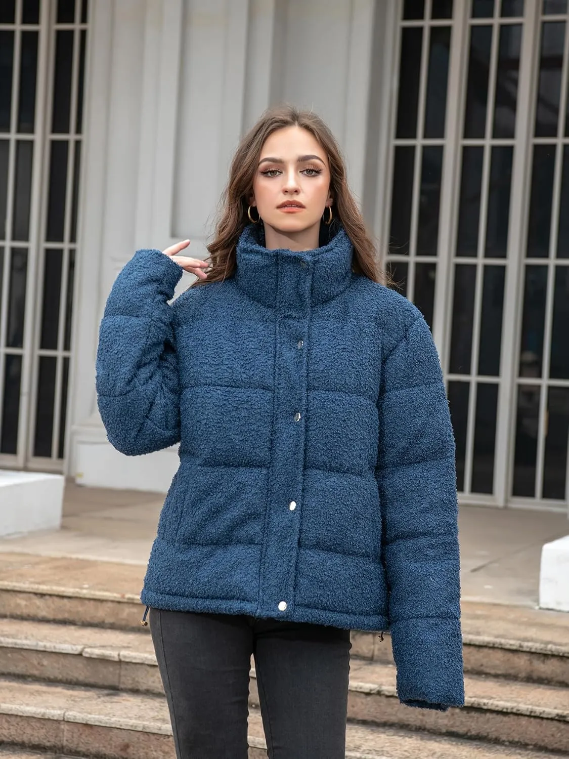 Women's Fleece Puffer Jacket Long Sleeve Casual Winter Warm Zip Up Sherpa Short Coat