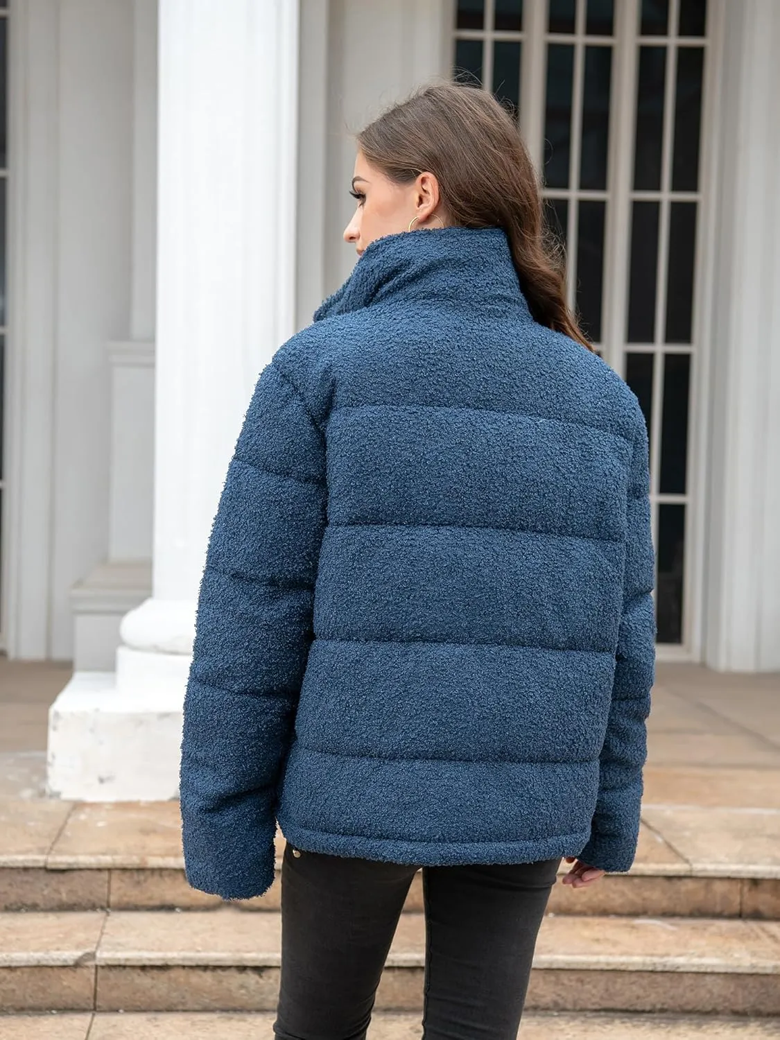 Women's Fleece Puffer Jacket Long Sleeve Casual Winter Warm Zip Up Sherpa Short Coat