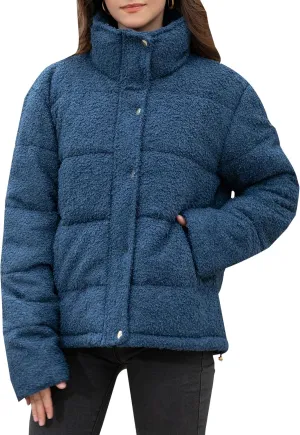 Women's Fleece Puffer Jacket Long Sleeve Casual Winter Warm Zip Up Sherpa Short Coat