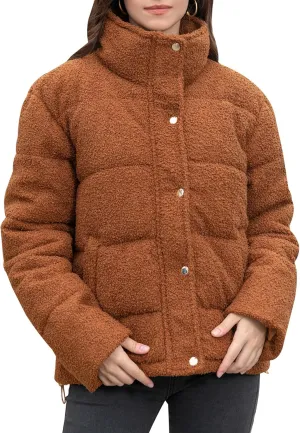 Women's Fleece Puffer Jacket Long Sleeve Casual Winter Warm Zip Up Sherpa Short Coat