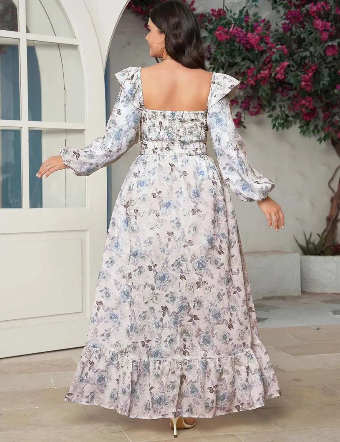 Women's Floral Puff Long Sleeve Maxi Dress Sexy Sweetheart Corset Boho Chiffon Flowy Smocked Long Dresses