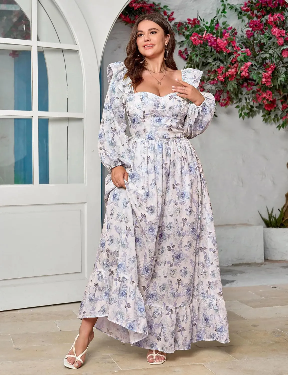 Women's Floral Puff Long Sleeve Maxi Dress Sexy Sweetheart Corset Boho Chiffon Flowy Smocked Long Dresses