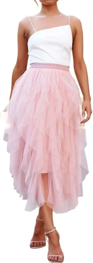 Womens Hem Mesh Overlay Skirt A Line Ruffle Hem Flared Long Skirts for Women Lined