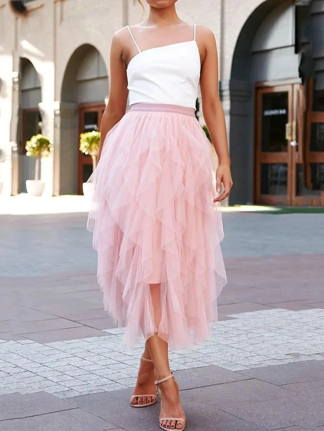 Womens Hem Mesh Overlay Skirt A Line Ruffle Hem Flared Long Skirts for Women Lined