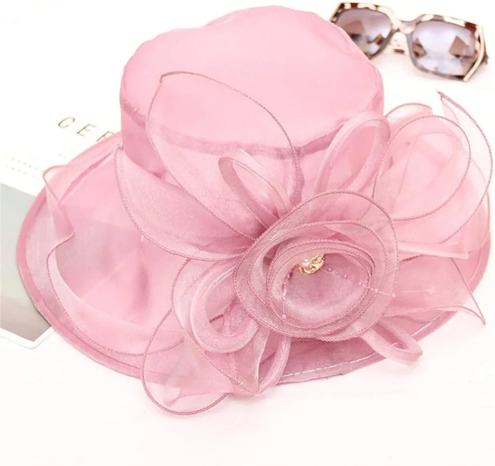 Women's Kentucky Church Derby Hat Organza Bowknot Fascinator Wedding Tea Party Hats Leaf Flower Wide Brim Sun Hat