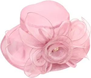 Women's Kentucky Church Derby Hat Organza Bowknot Fascinator Wedding Tea Party Hats Leaf Flower Wide Brim Sun Hat