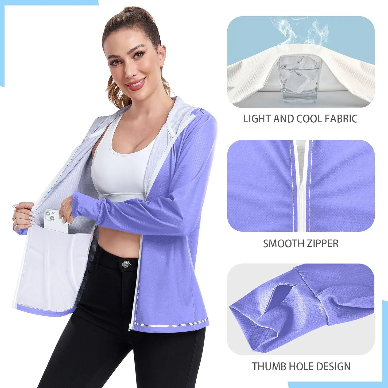 Womens Lightweight Hoodie Long Sleeve Sun Shirts UPF 50  Protection Light Sweatshirt Hiking Outdoor