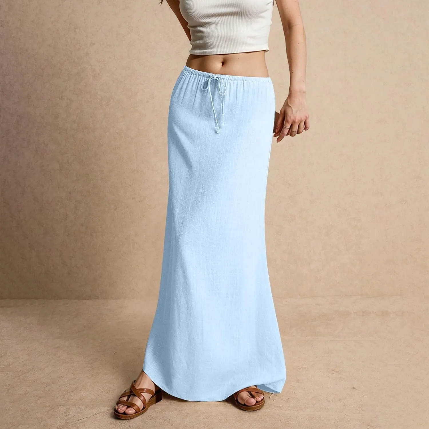 Women's Long Skirts 2025 Summer Stretch Waist Tie Ruched Boho Swing Maxi Skirt with Pockets Trendy, S-2XL