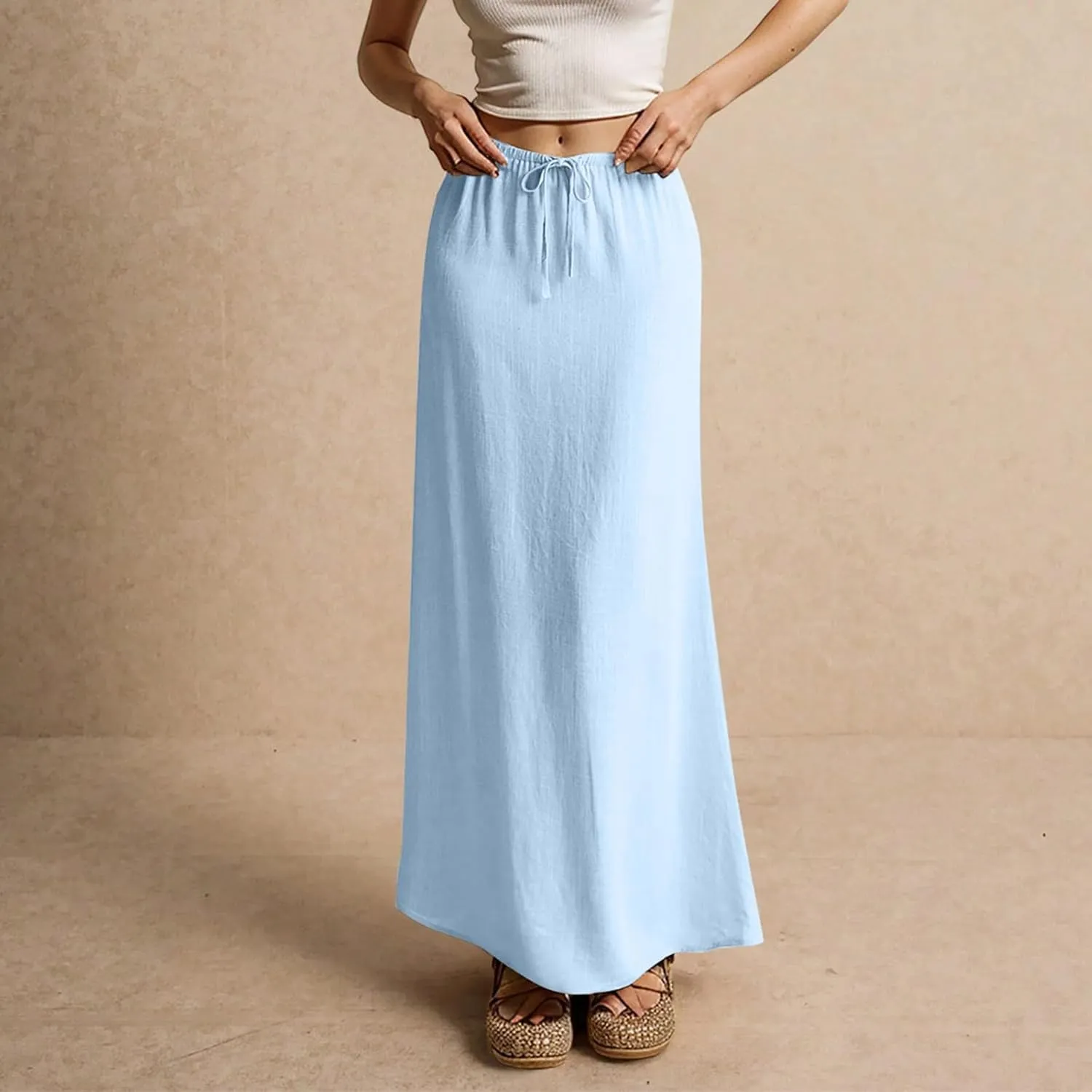 Women's Long Skirts 2025 Summer Stretch Waist Tie Ruched Boho Swing Maxi Skirt with Pockets Trendy, S-2XL