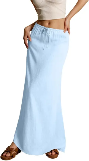 Women's Long Skirts 2025 Summer Stretch Waist Tie Ruched Boho Swing Maxi Skirt with Pockets Trendy, S-2XL
