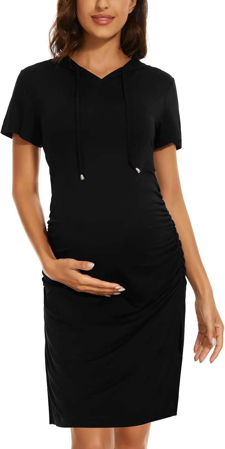 Women's Maternity Hoodie Dress Short Sleeve Split Side Ruched Pregnancy Clothes