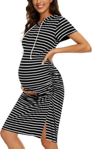 Women's Maternity Hoodie Dress Short Sleeve Split Side Ruched Pregnancy Clothes