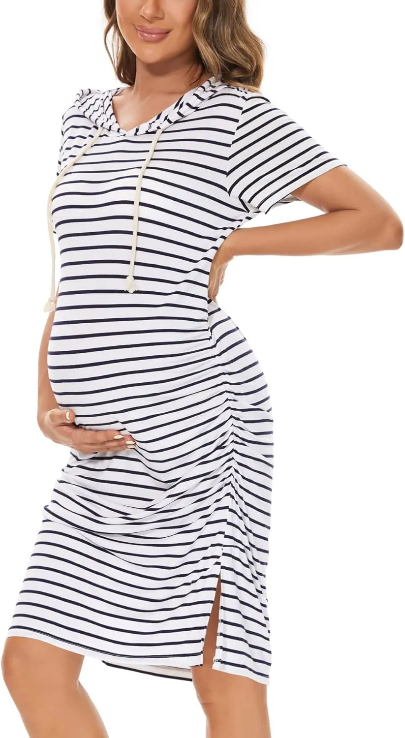 Women's Maternity Hoodie Dress Short Sleeve Split Side Ruched Pregnancy Clothes