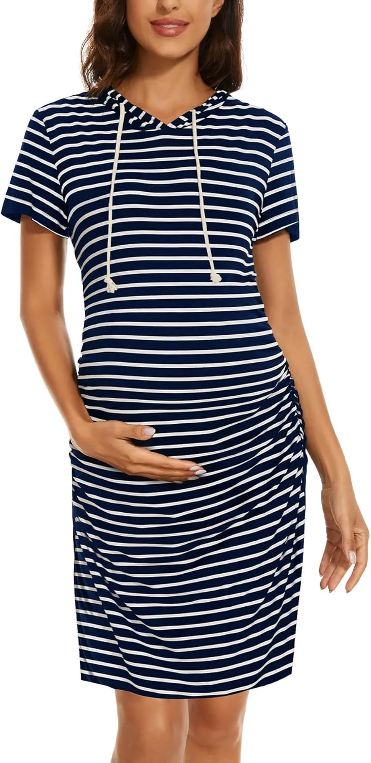 Women's Maternity Hoodie Dress Short Sleeve Split Side Ruched Pregnancy Clothes