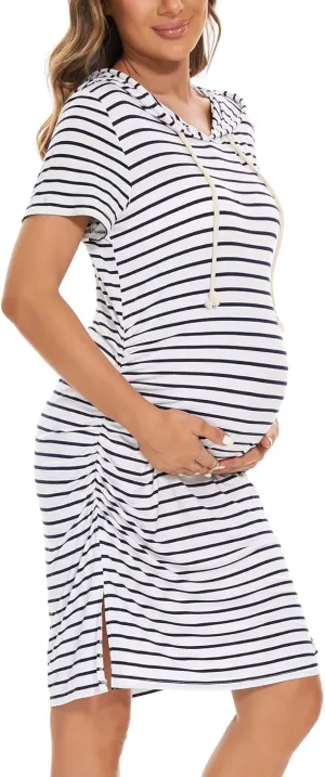 Women's Maternity Hoodie Dress Short Sleeve Split Side Ruched Pregnancy Clothes