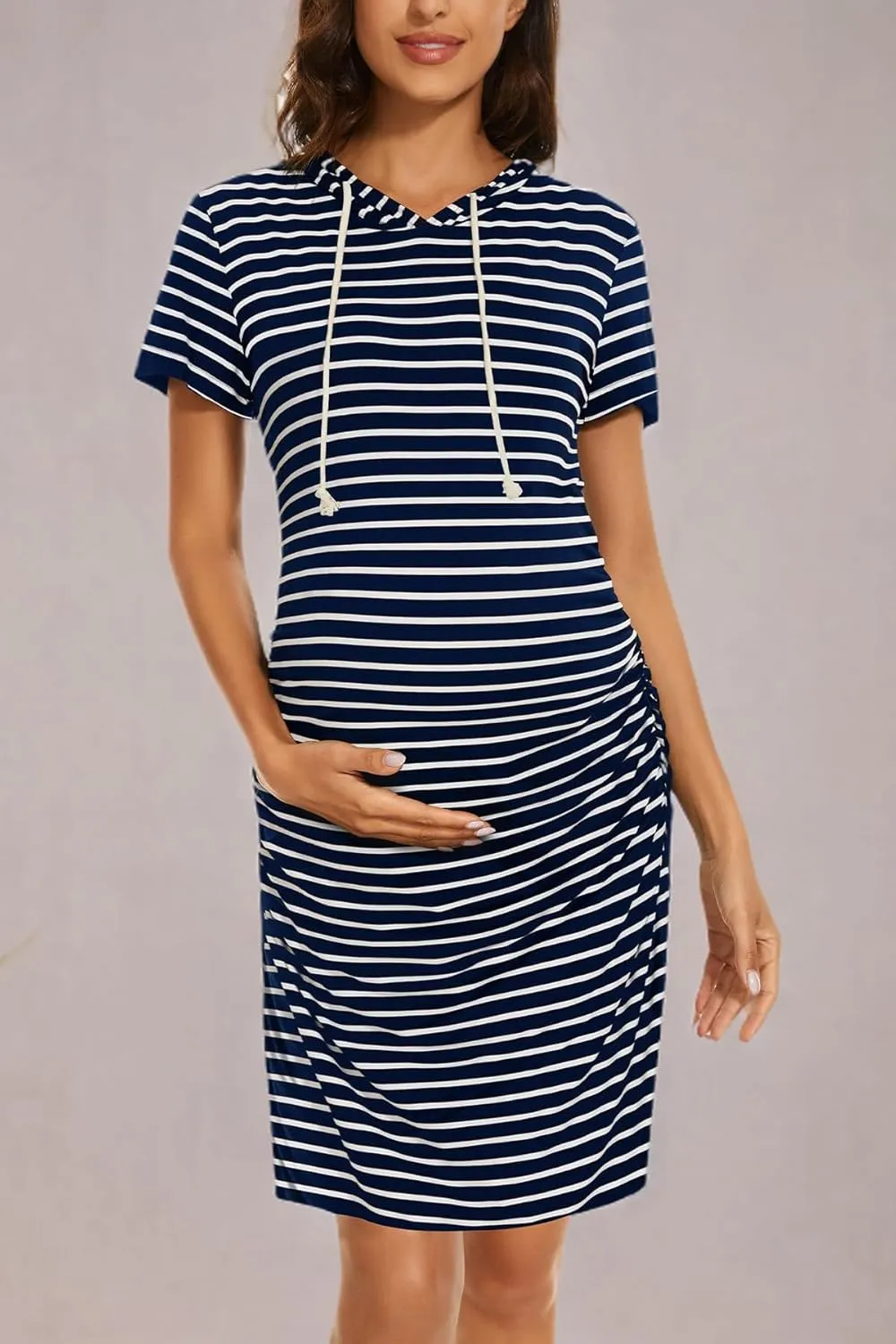 Women's Maternity Hoodie Dress Short Sleeve Split Side Ruched Pregnancy Clothes
