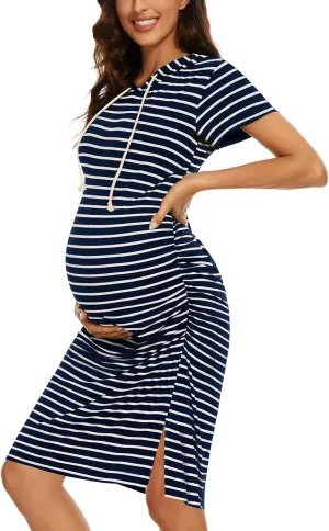 Women's Maternity Hoodie Dress Short Sleeve Split Side Ruched Pregnancy Clothes