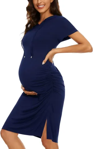 Women's Maternity Hoodie Dress Short Sleeve Split Side Ruched Pregnancy Clothes