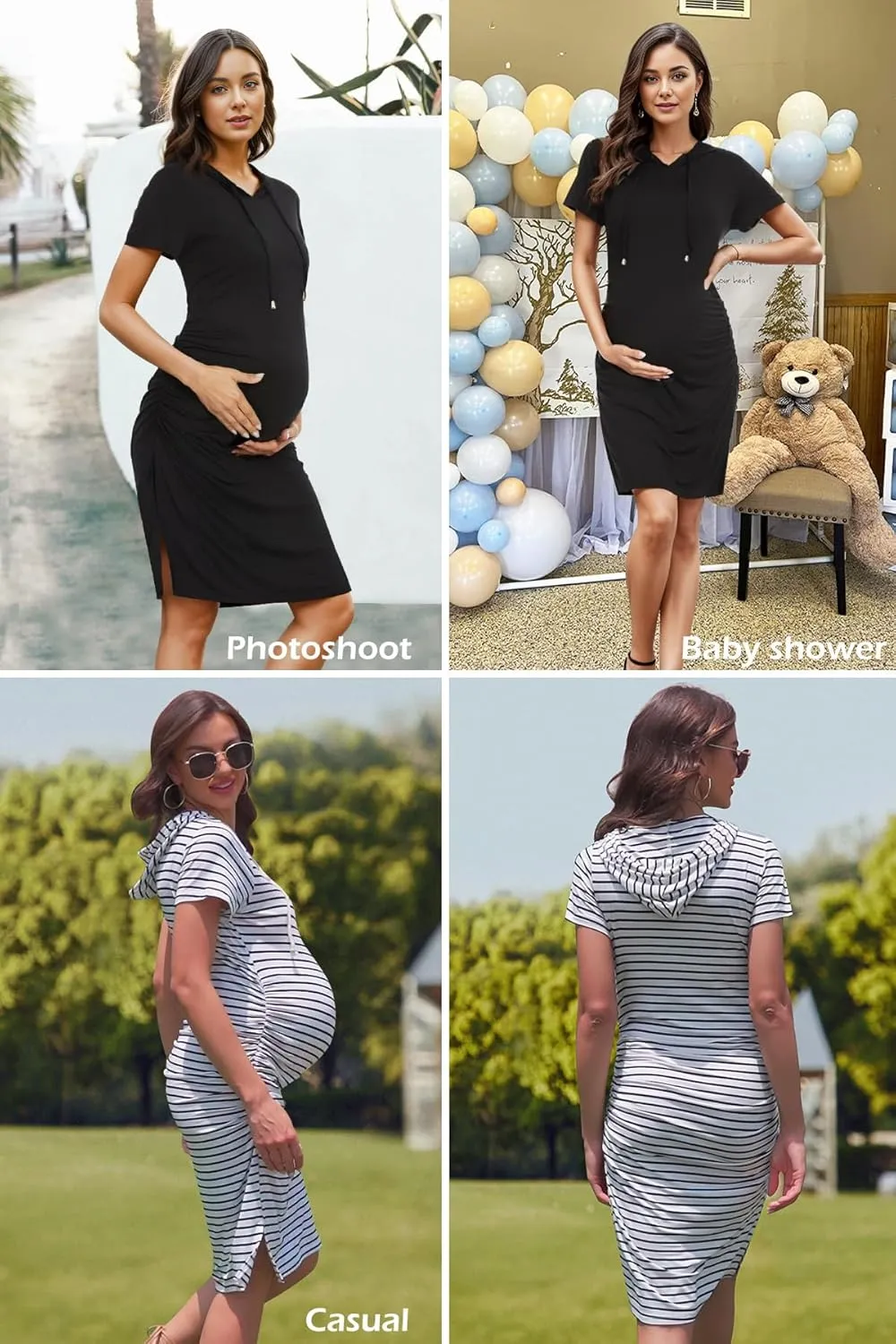 Women's Maternity Hoodie Dress Short Sleeve Split Side Ruched Pregnancy Clothes