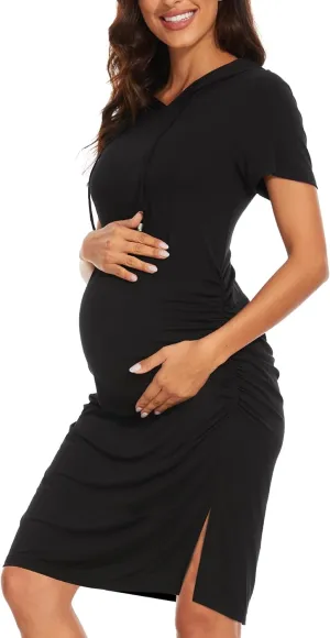 Women's Maternity Hoodie Dress Short Sleeve Split Side Ruched Pregnancy Clothes