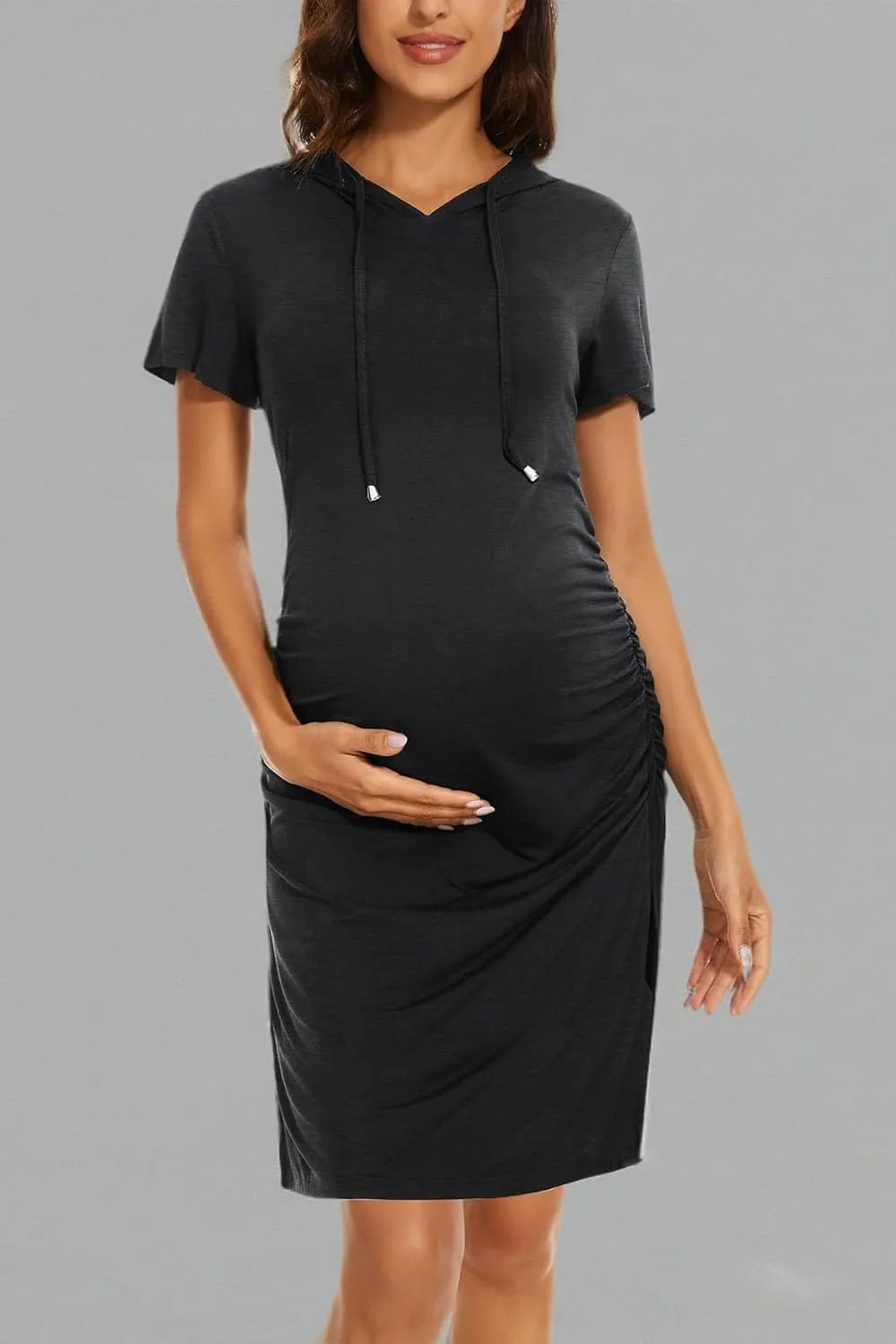Women's Maternity Hoodie Dress Short Sleeve Split Side Ruched Pregnancy Clothes