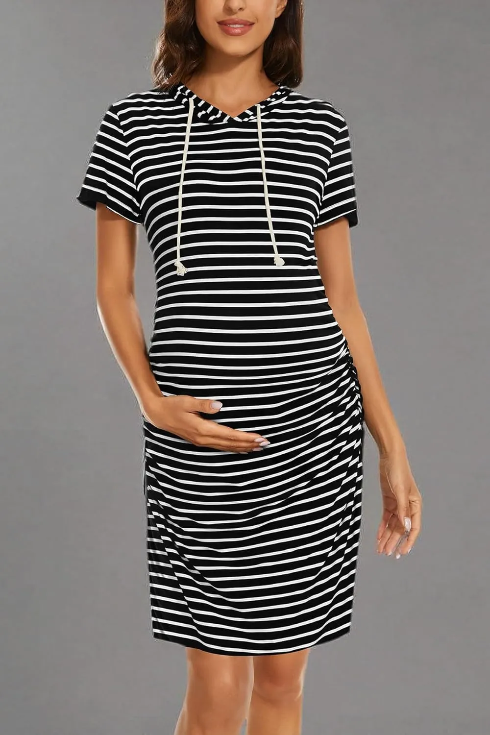 Women's Maternity Hoodie Dress Short Sleeve Split Side Ruched Pregnancy Clothes