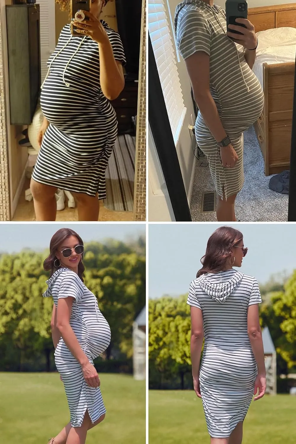 Women's Maternity Hoodie Dress Short Sleeve Split Side Ruched Pregnancy Clothes