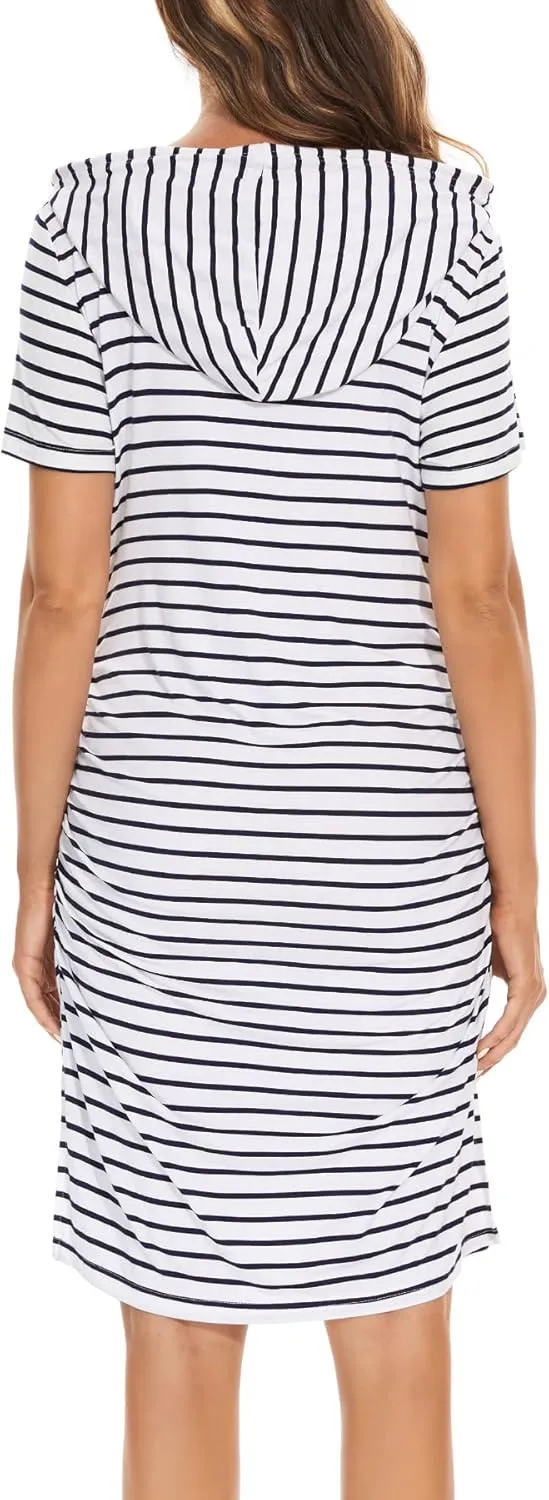 Women's Maternity Hoodie Dress Short Sleeve Split Side Ruched Pregnancy Clothes