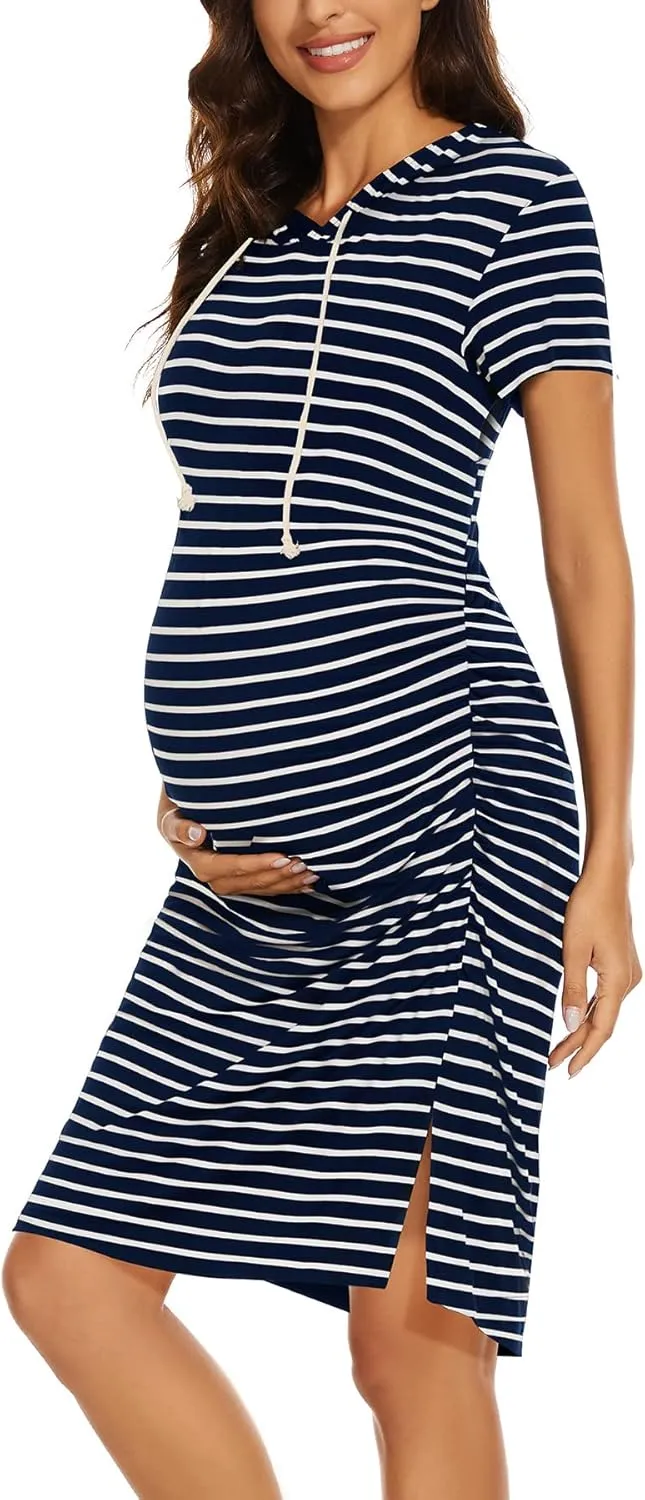 Women's Maternity Hoodie Dress Short Sleeve Split Side Ruched Pregnancy Clothes