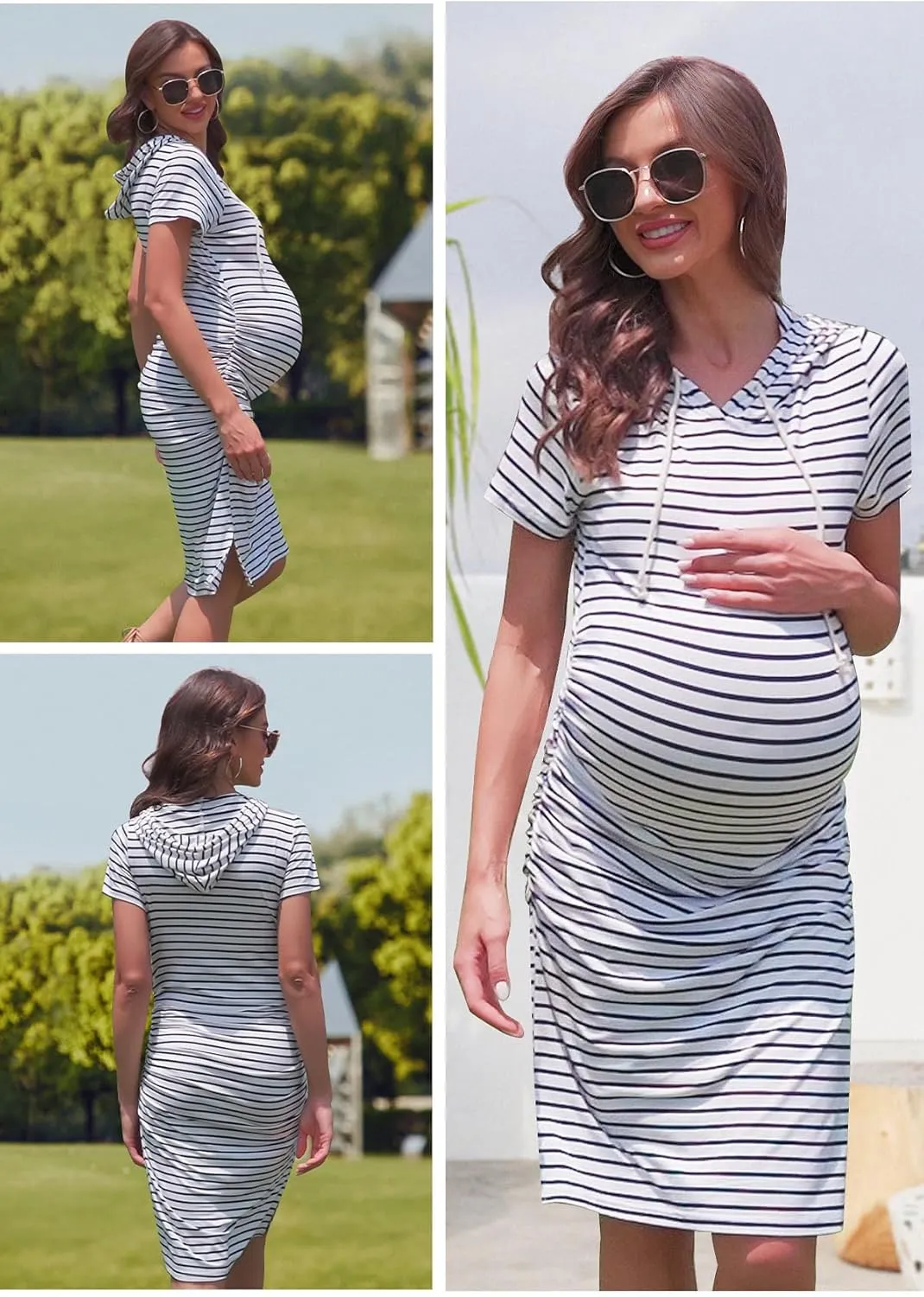 Women's Maternity Hoodie Dress Short Sleeve Split Side Ruched Pregnancy Clothes