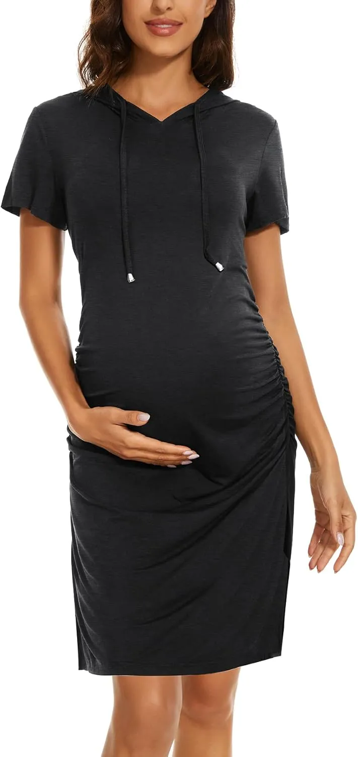 Women's Maternity Hoodie Dress Short Sleeve Split Side Ruched Pregnancy Clothes