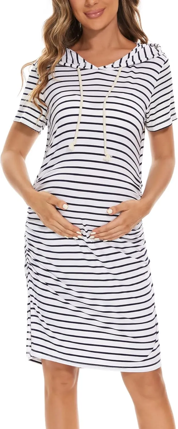 Women's Maternity Hoodie Dress Short Sleeve Split Side Ruched Pregnancy Clothes