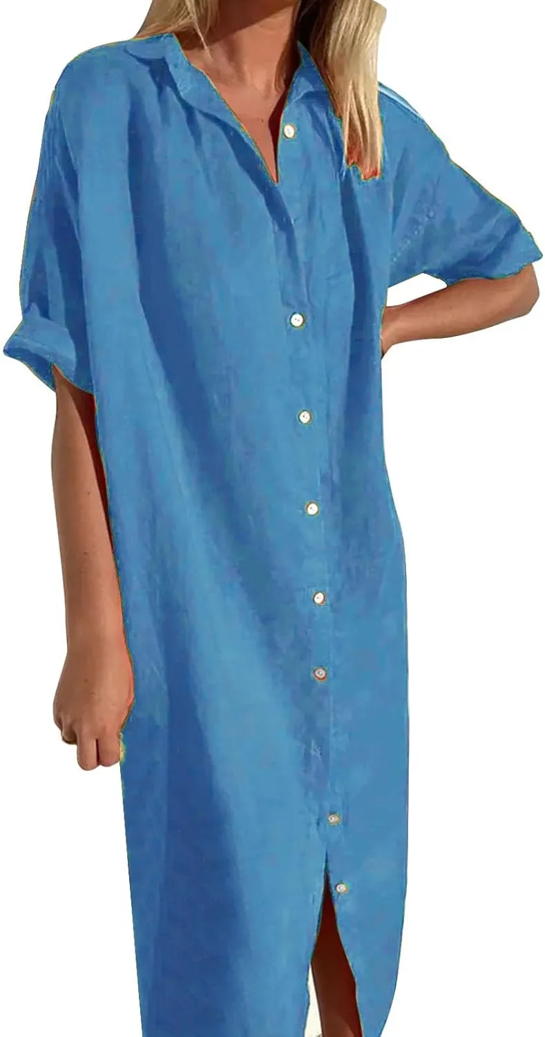 Womens Maxi Dress Button Down Rolled-Up Sleeve Cotton Linen Casual Dress Summer Vacation Beach Sundress