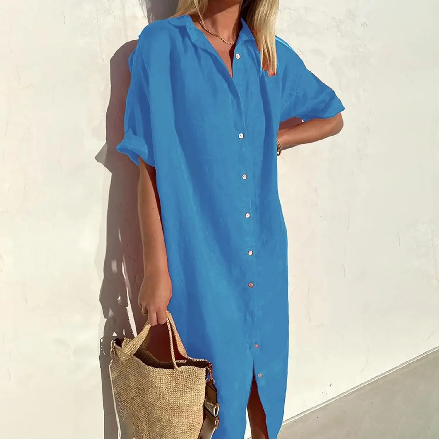 Womens Maxi Dress Button Down Rolled-Up Sleeve Cotton Linen Casual Dress Summer Vacation Beach Sundress