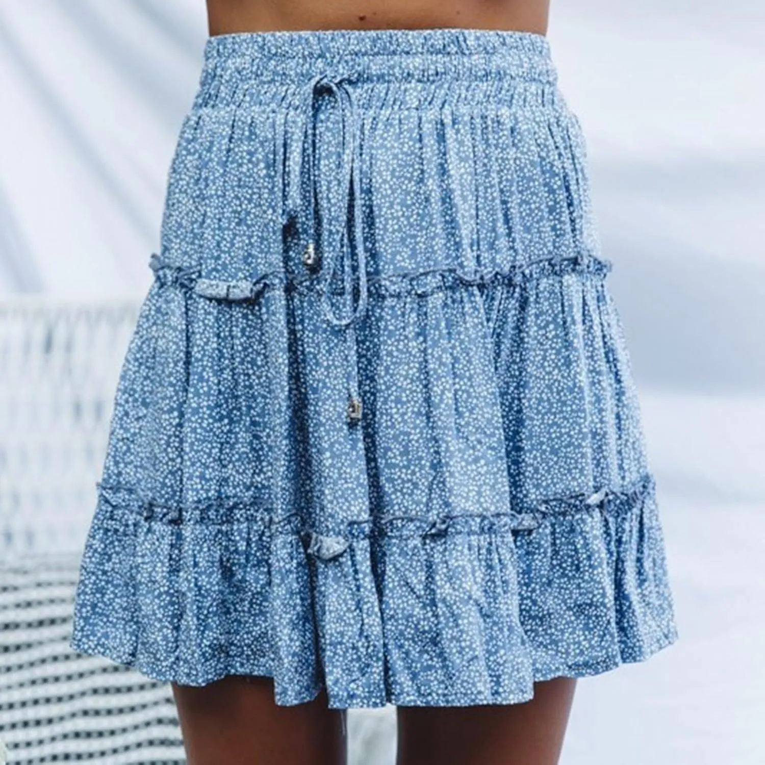 Women's Mini Skirt Summer Casual Stretch Waist Print Pleated Flared A Line Skater Shirt, S-2XL