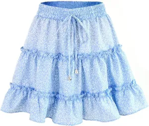 Women's Mini Skirt Summer Casual Stretch Waist Print Pleated Flared A Line Skater Shirt, S-2XL