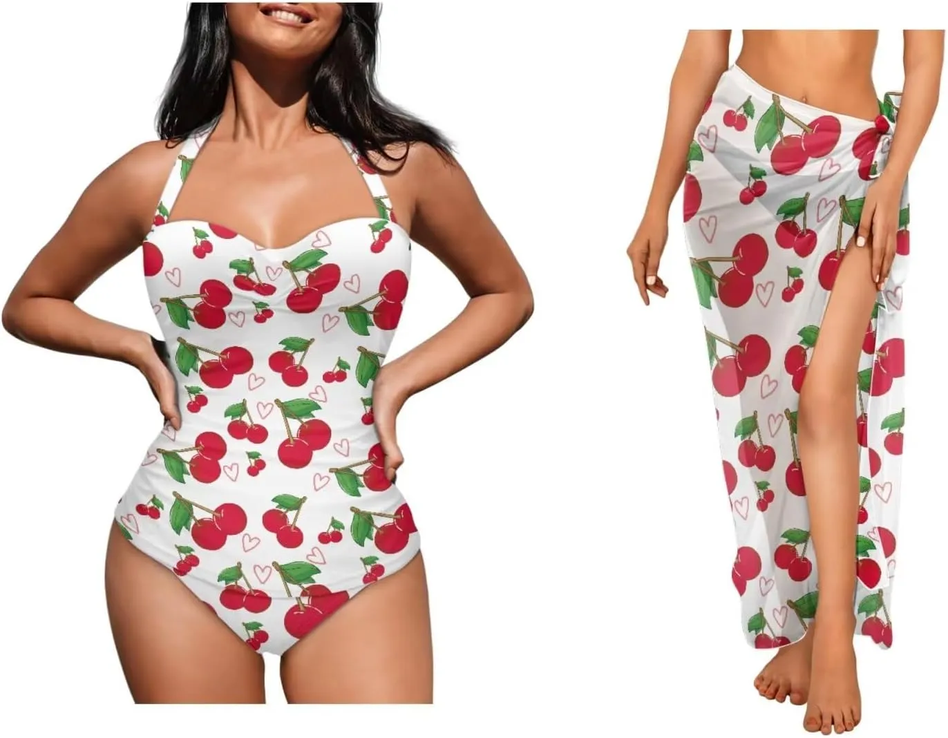 Women's One Piece Swimsuit with Matching Cover Ups Wrap Skirt Sarong Two Piece Bathing Suit Beachwear Plus Size 2XL